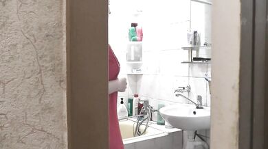 Pervert husband of wife watches as sexy girl takes shower. Old man masturbates cock. Naked in public