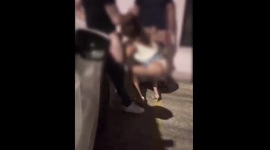hot blonde having sex with strangers in public at the exit of the PUB, horny cuckold watching his wi
