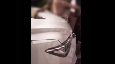 hot blonde having sex with strangers in public at the exit of the PUB, horny cuckold watching his wi
