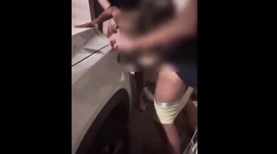 hot blonde having sex with strangers in public at the exit of the PUB, horny cuckold watching his wi