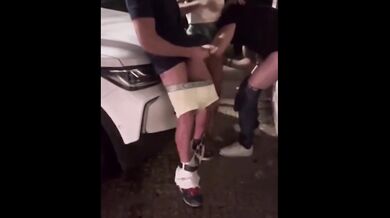hot blonde having sex with strangers in public at the exit of the PUB, horny cuckold watching his wi