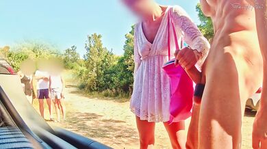 HANDJOB IN PUBLIC: I show my hard cock to a group of friends and one of them makes me cum