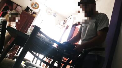 Housewife without panties shows her pussy to the technical service and spies on her having hard sex