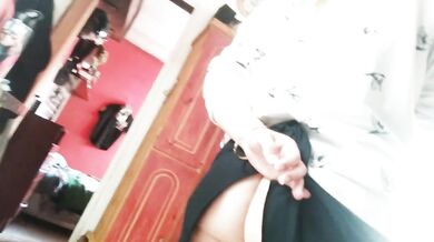 Housewife without panties shows her pussy to the technical service and spies on her having hard sex