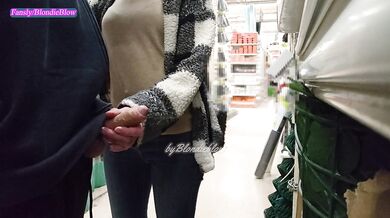 Extreme public exhibitionist handjob in the supermarket