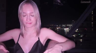Public blowjob on the balcony from a moaning beauty with perfect tits