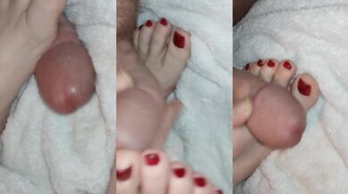 Super Close Up, Fucking Feet with Hard Cock, Sexy BBW Red Toes