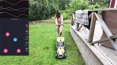Teen slave cutting the grass stuffed with anal plug and lush