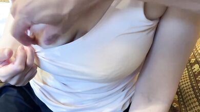 [1/2] Insert a dildo from a close-up licking a nipple, ejaculate on a big ass in the doggy style