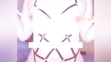 Nipple orgasm masturbation with a double toothbrush