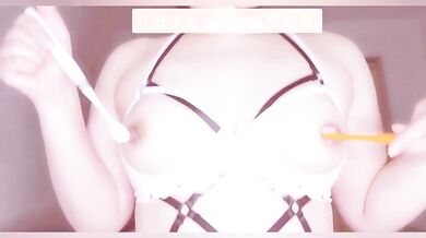 Nipple orgasm masturbation with a double toothbrush