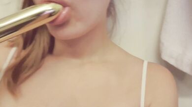 Japanese Teen Sucking Vibrator and Rubbing Tits and Tight Pink Pussy Before Pissing