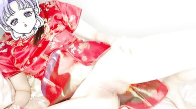 A girl in a red Chinese dress masturbates with a toy and a dildo She cums in her virgin pussy