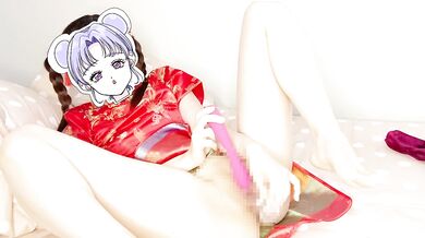 A girl in a red Chinese dress masturbates with a toy and a dildo She cums in her virgin pussy