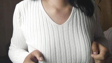 A Japanese woman with big breasts wearing a sweater given to her by a viewer and doing nipple mastur