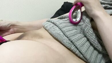 A beautiful woman wearing a virgin killer sweater sucks a vibrator and says, "I want to lick a real