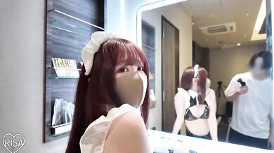 Tiny Japanese maid cosplay girlfriend gets made to cum over and over