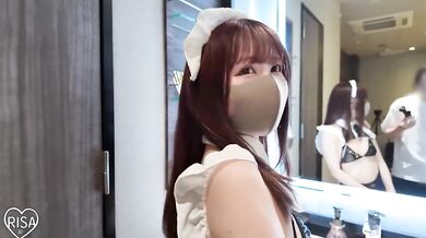 Tiny Japanese maid cosplay girlfriend gets made to cum over and over
