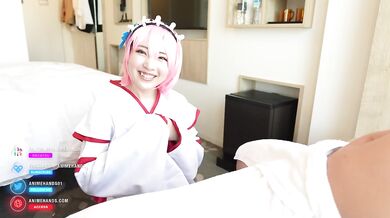 Japanese cosplayer cosplays as an anime character and gives a man a handjob.