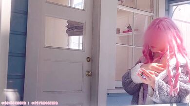 Exhibitionist neighbor catches you smoking & invites you to make her cum on her porch!