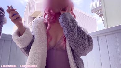 Exhibitionist neighbor catches you smoking & invites you to make her cum on her porch!