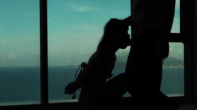 Artistic silhouette - Tied up Asian teen sucking dick with an ocean view - Baebi Hel