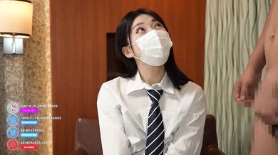 Japanese cosplayer gives a guy a handjob and cheekjob.