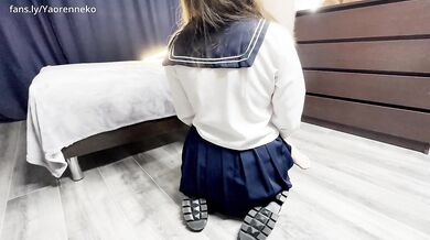 Cum on her skirt. Japanese schoolgirl is very spoiled!