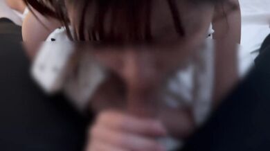 Girl in a cute dress giving a thick blowjob.
