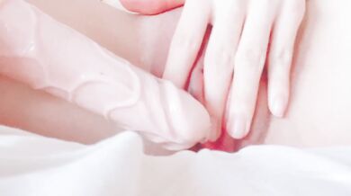 Sweet gentle dildo massaging japanese's girl pink tight pussy