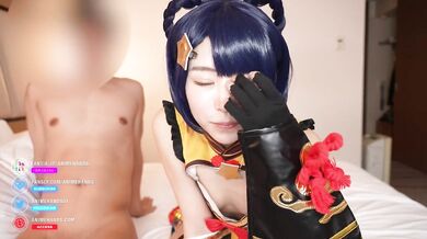Japanese cosplayer gives a guy a handjob and peeing.