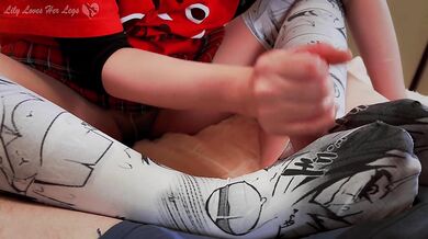 Japanese Girl giving footjob wearing nude nylons and ahegao cosplay stockings