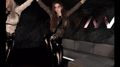 Two Asian dancing in sexy leather outfit