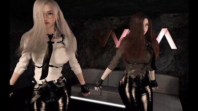 Two Asian dancing in sexy leather outfit