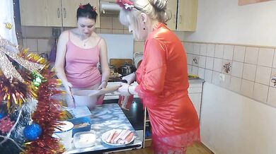 Erotic New Year's Eve cooking in a thong and beautiful lingerie