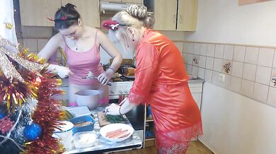 Erotic New Year's Eve cooking in a thong and beautiful lingerie