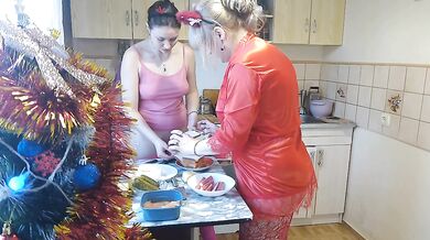 Erotic New Year's Eve cooking in a thong and beautiful lingerie
