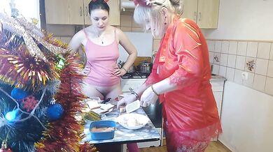 Erotic New Year's Eve cooking in a thong and beautiful lingerie