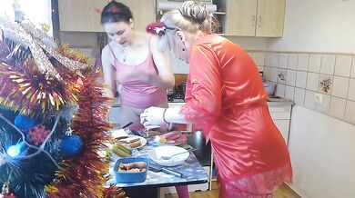 Erotic New Year's Eve cooking in a thong and beautiful lingerie
