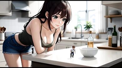 Tiny Man in Kitchen - AI Giantess Vore