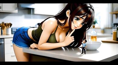 Tiny Man in Kitchen - AI Giantess Vore