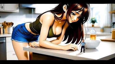 Tiny Man in Kitchen - AI Giantess Vore