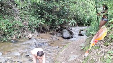 Big ass and busty stepmother fucks a perverted old man in the river