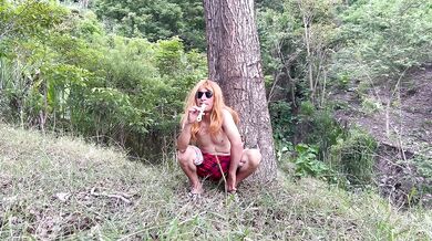 Busty and big-assed stepmother fucks a perverted old man outdoors