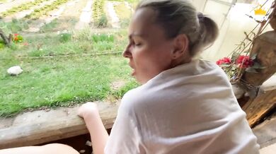 POV: Village vibe. Mature married MILF got stuck in the fence, a neighbor helped and fucked her.