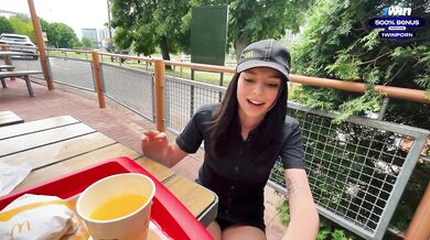Risky public sex in the toilet. Fucked a McDonald's worker because of spilled soda! - Eva Soda