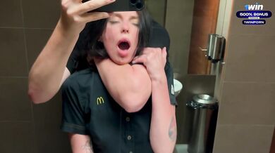 Risky public sex in the toilet. Fucked a McDonald's worker because of spilled soda! - Eva Soda