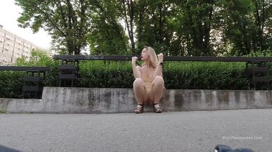 Perverted public slut walk. Upskirt, no panties, flashing pussy outside in tight short dress.