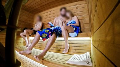 SAUNA ADVENTURE PT1: I show my hard cock to three people in the sauna