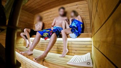 SAUNA ADVENTURE PT1: I show my hard cock to three people in the sauna